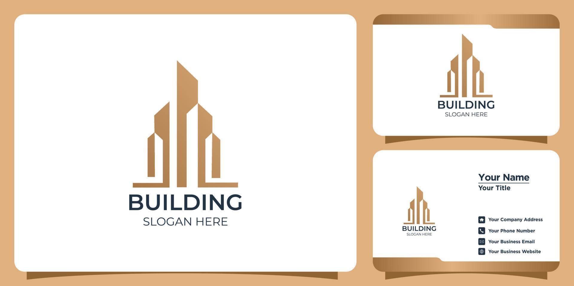 minimalistisk byggnadslogotypuppsättning med logotypdesign i linjekonststil och visitkortsmall vektor