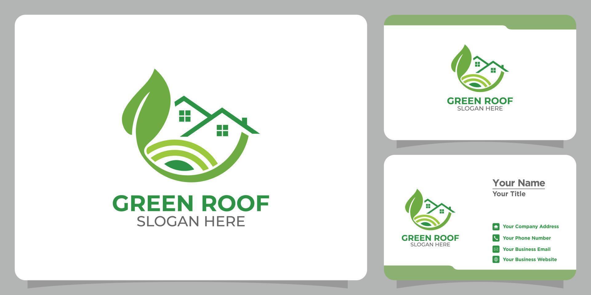 uppsättning grönt tak logotyp och visitkort vektor