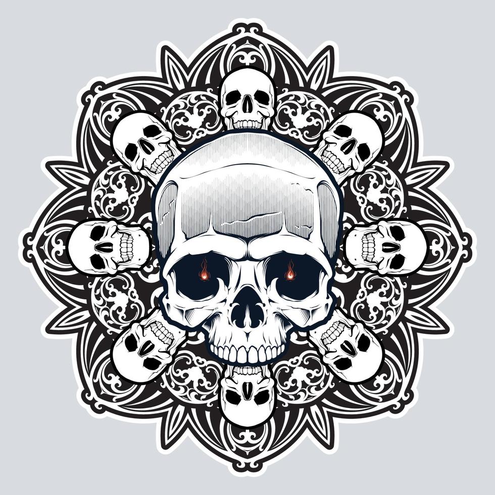 menschlicher Schädel über Mandala. Tattoo-Fleisch-Design. Boho-Druck, Poster, T-Shirt-Textil. isolierte Vektorillustration. vektor