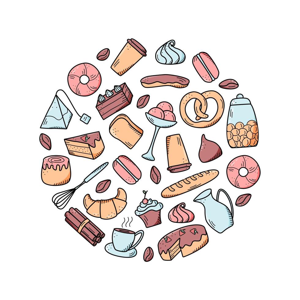 vektorelemente von süßen snacks und gebäck, kaffeegerichten. hervorragend zum Dekorieren von Cafés und Speisekarten. Doodle-Icon-Stil vektor