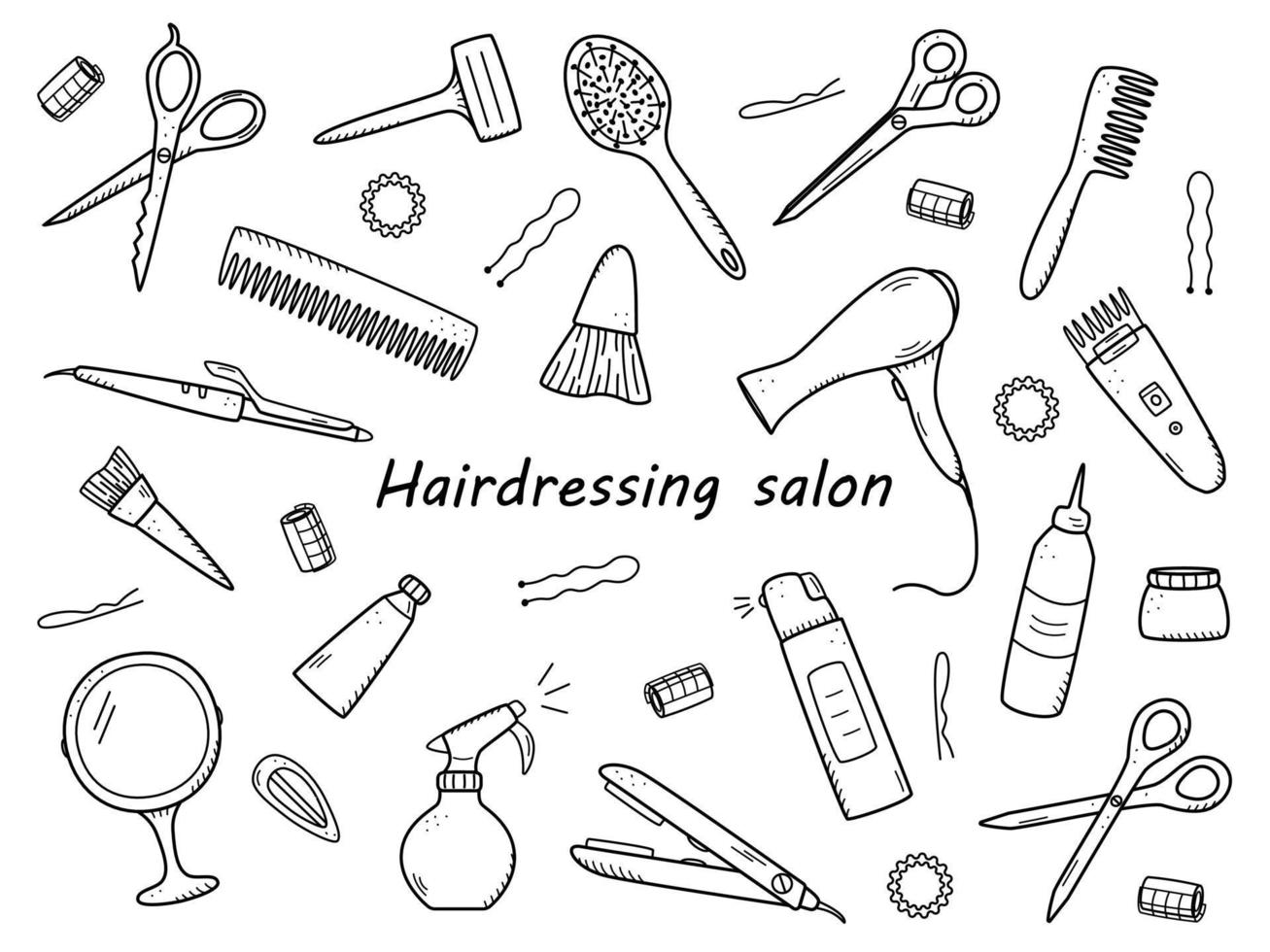 Friseurwerkzeugsatz für den Schönheitssalon oder den Heimgebrauch. vektorillustration von gekritzelikonen für selbst- und haarpflege. Kamm, Rasierer, Fön, Lockenstab und andere Gegenstände vektor