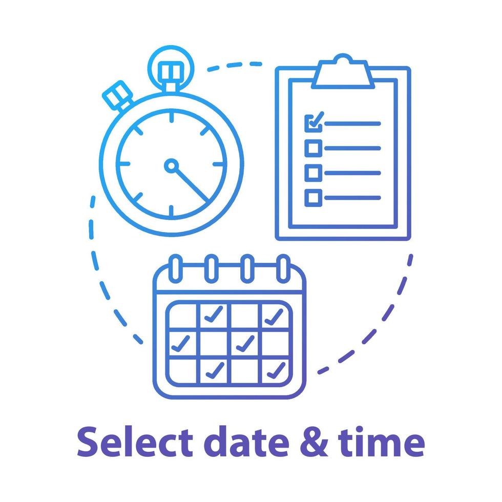 välj datum och tid blå konceptikon. välj dag och timme tunn linje illustration. göra bokning, bokning.tidshantering och schemaläggning. kalender och stoppur. vektor isolerade konturritning