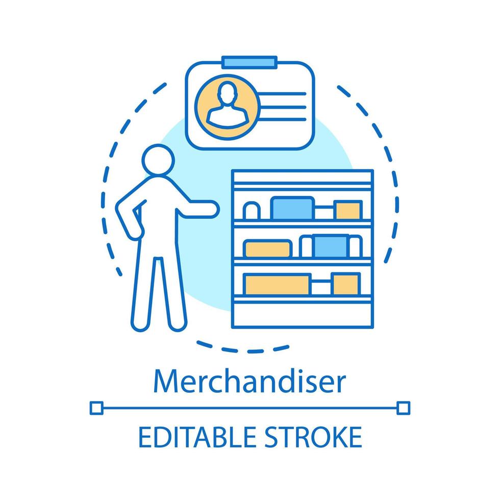 merchandiser koncept ikon. butiksarbetare, assistent idé tunn linje illustration. marknadsföring av detaljhandel, shopping och marknadsföring. säljare, försäljningschef. vektor isolerade konturritning. redigerbar linje