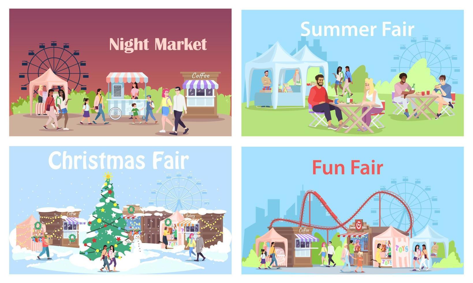 rättvis marknaden platt vektorillustrationer set. natt sommar och jul gatumarknader banner design. utomhus lokala butiker, butiker och kaféer på mässområdet. stadsfestival, reklam för tivoli attraktioner vektor