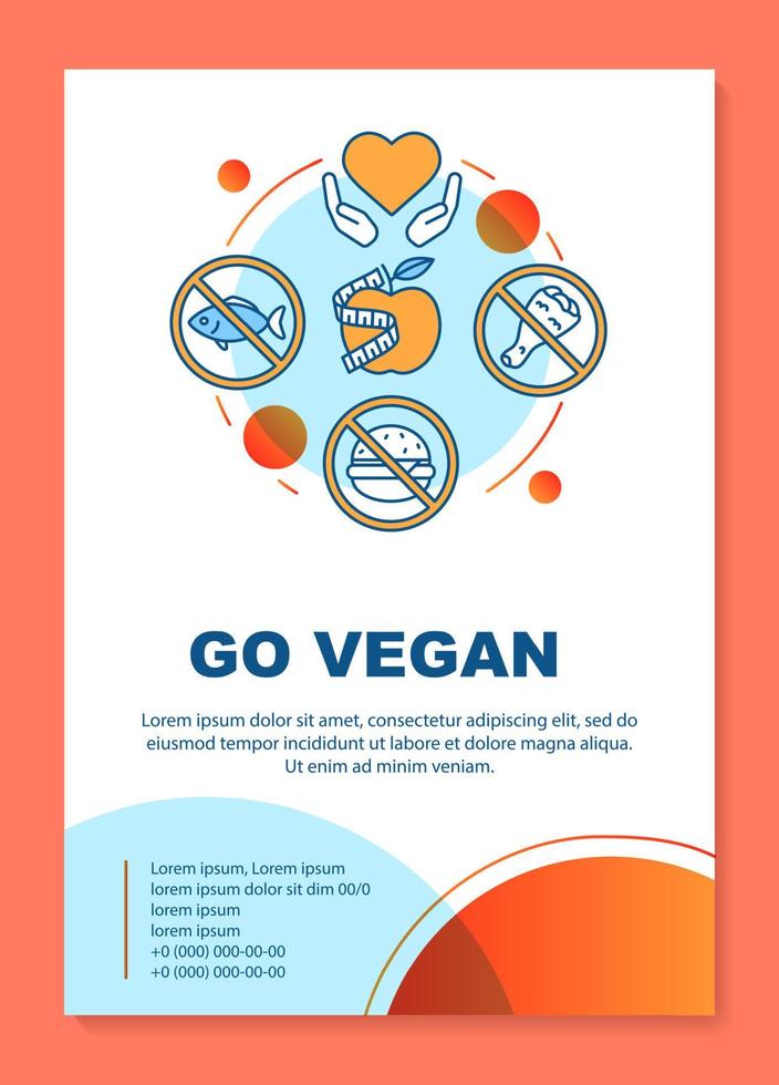 Broschürenvorlagenlayout für gesunde Ernährung. go vegan motivationsflyer, broschüre, broschürendruckdesign mit linearen illustrationen. Vektorseitenlayouts für Zeitschriften, Geschäftsberichte, Werbeplakate vektor