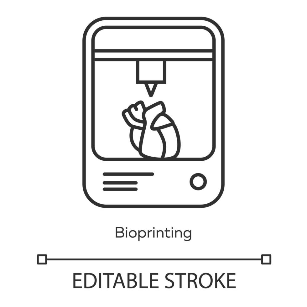 bioprinting linjär ikon. hjärta 3d-utskrift. levande organ som producerar. medicinsk teknik. bioteknik. tunn linje illustration. kontur symbol. vektor isolerade konturritning. redigerbar linje