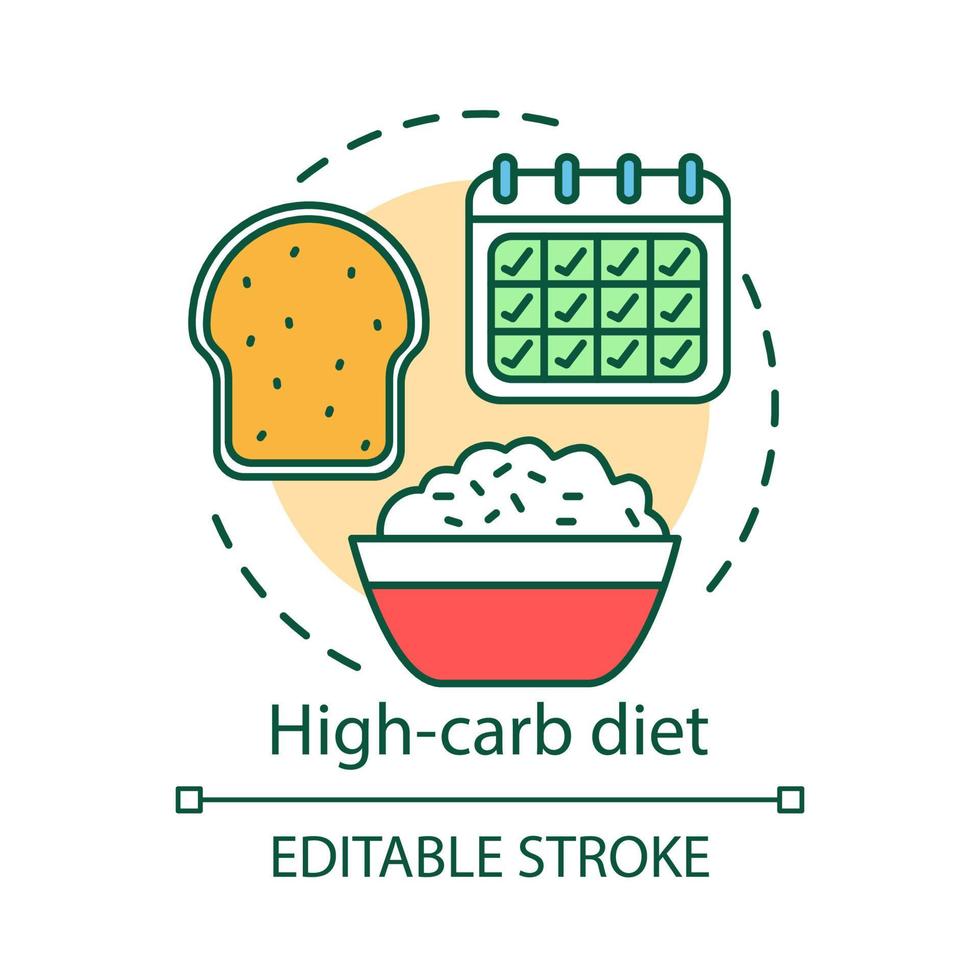 hög carb diet koncept ikon. vegetarisk näring idé tunn linje illustration. hälsosam mat, vegansk livsstil. ris skål, färskt bröd och kalender vektor isolerade konturritning. redigerbar linje