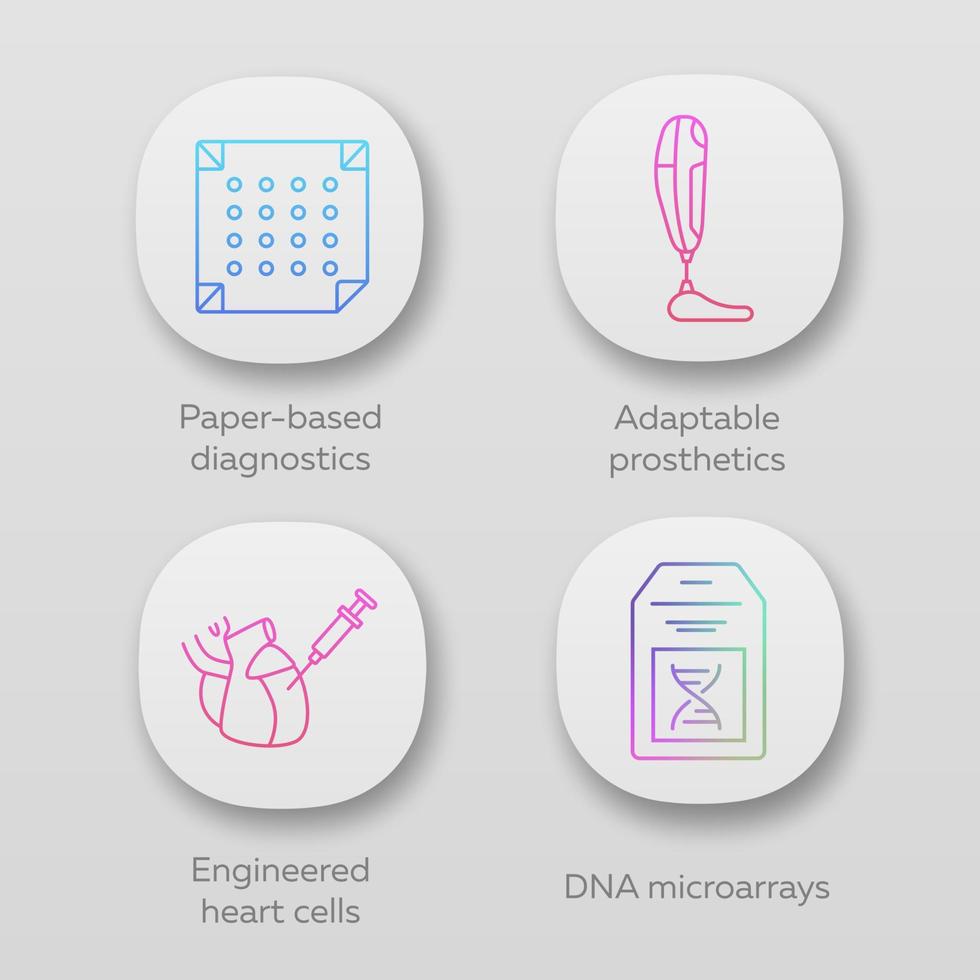 Bioengineering-App-Symbole festgelegt. papierbasierte Diagnostik, anpassungsfähige Prothetik, künstliche Herzzellen, DNA-Microarrays. ui ux-benutzeroberfläche. Web- oder mobile Anwendungen. Vektor isolierte Illustrationen