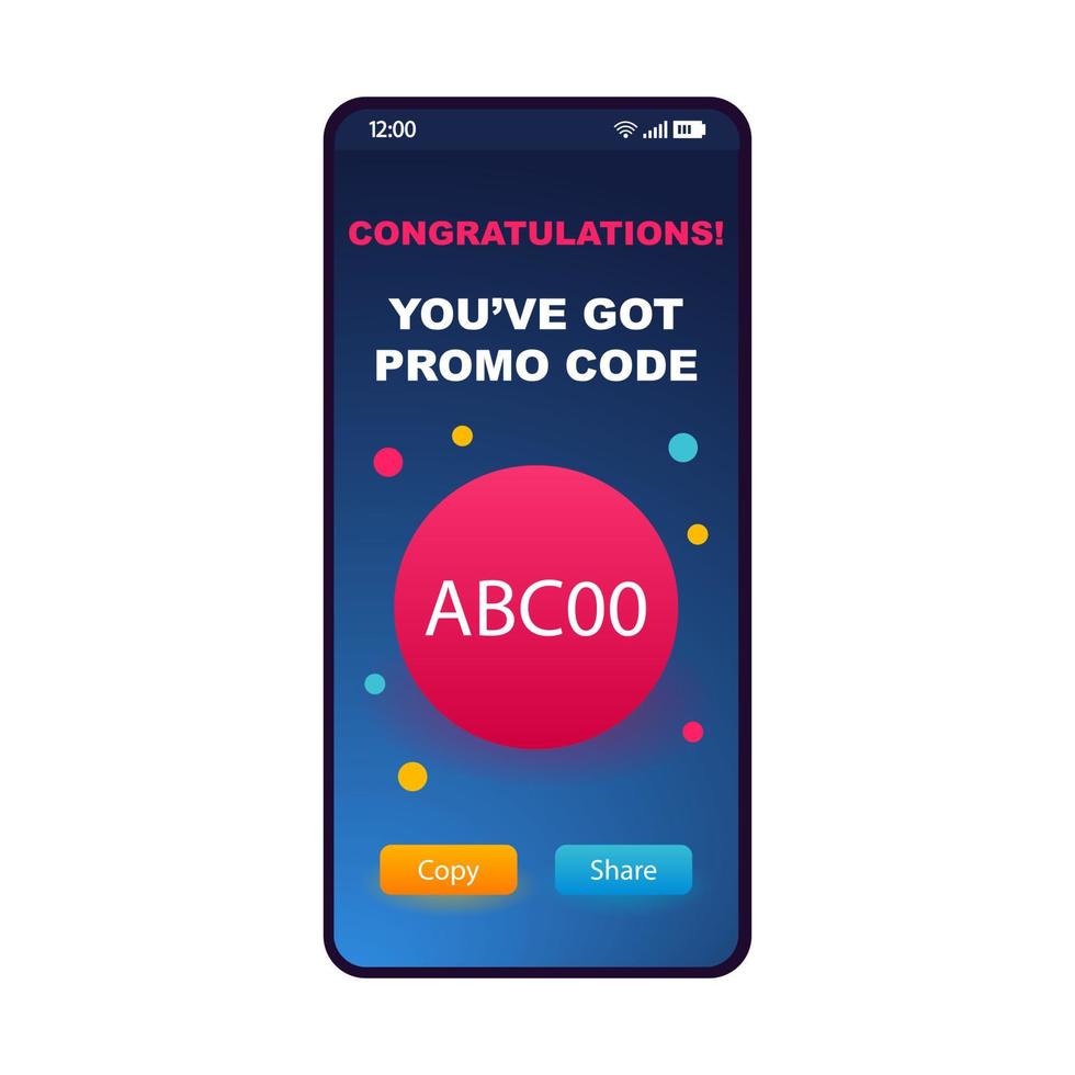 Abrufen der Promo-Codepage-Smartphone-Schnittstellenvorlage. rabatt, sonderangebot, designlayout für geschenkkarten mobile app. Gutscheincode Anwendung Flat UI. ecoupon, digitaler Gutscheinbildschirm. Telefonanzeige vektor