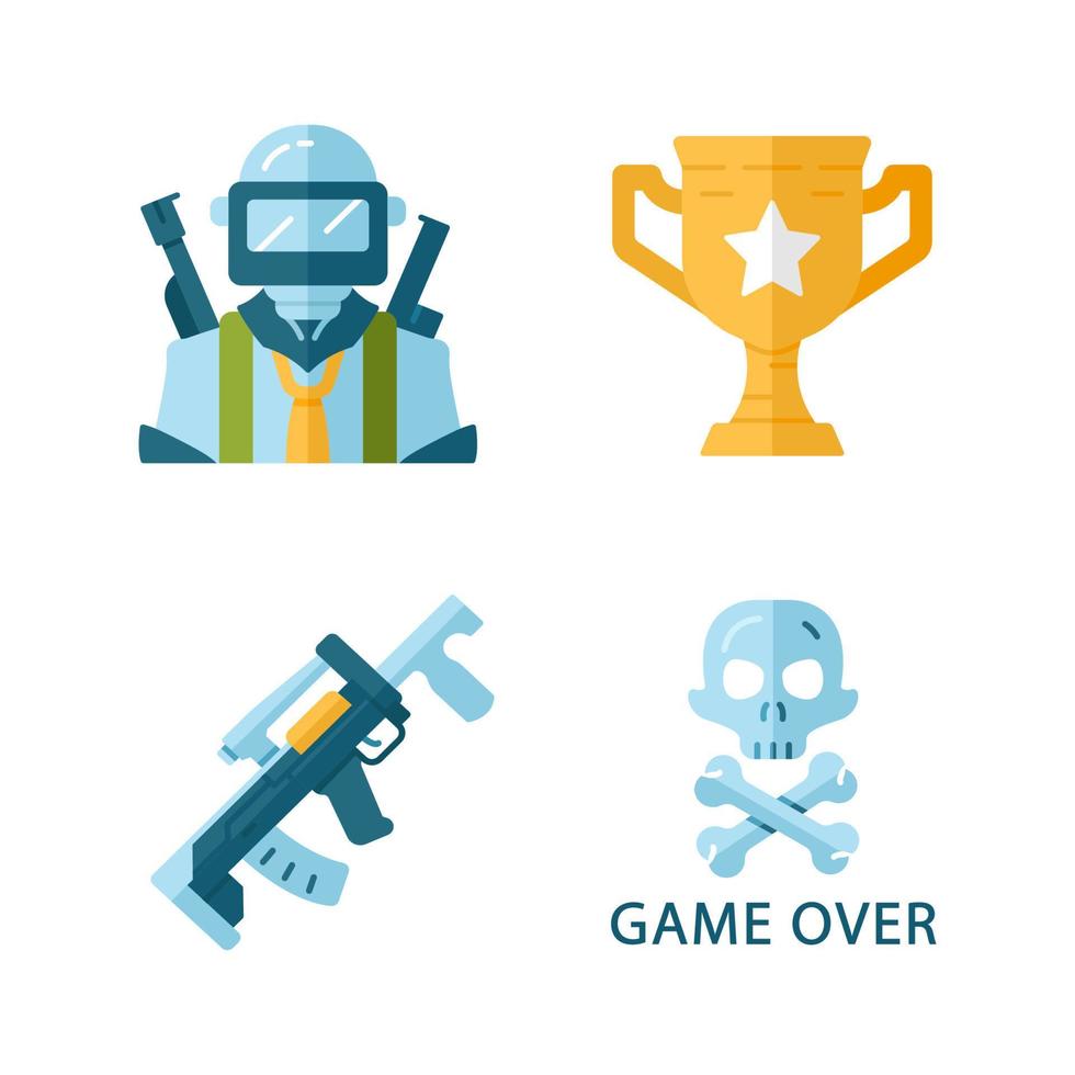 online spel inventering platt design lång skugga färg ikoner set. e-sport, cybersport. Herre på täppan. datorspelsutrustning. soldat, vinnande cup, vapen, game over. vektor siluett illustrationer