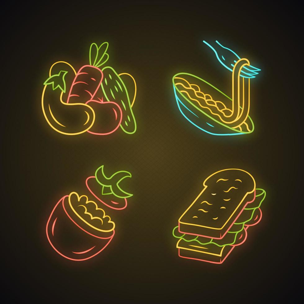 näringsrik mat neonljus ikoner set. grönsaker, pasta, fyllda tomater, smörgås. café, restaurangsnack, förrätt. hälsosam näring. sallad, spagetti. glödande tecken. vektor isolerade illustrationer