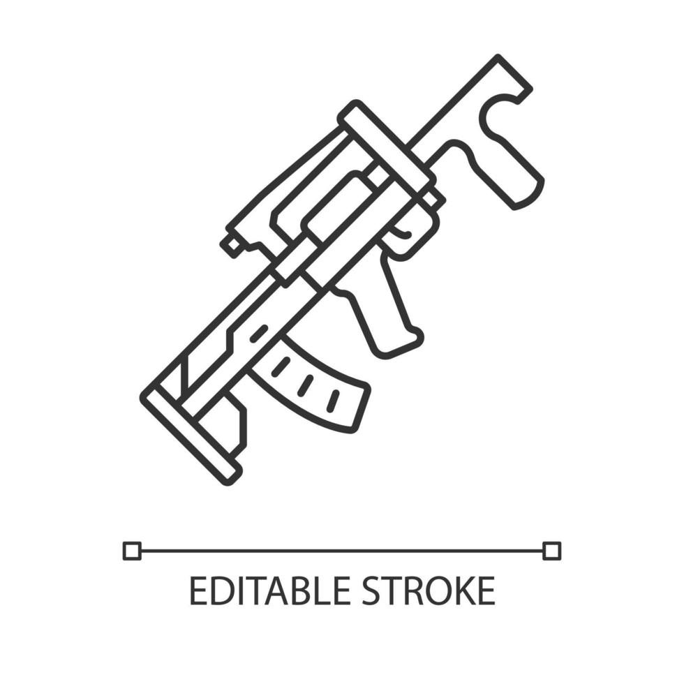 Lineares Symbol für Groza-Waffen. virtuelle Spielwaffe. Shooter-Spielgewehr, Blaster. Cybersport militärisches Inventar. dünne Liniendarstellung. Kontursymbol. Vektor isoliert Umrisszeichnung. editierbarer Strich