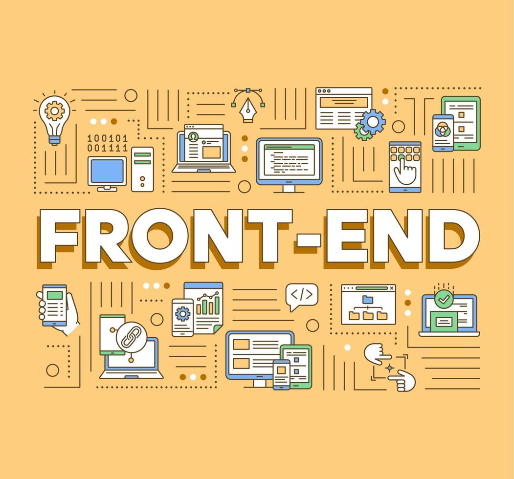 front-end ordet koncept banner. programmering av webbapplikationer. utveckling av användargränssnitt. presentation, hemsida. isolerade bokstäver typografi idé med linjära ikoner. vektor kontur illustration