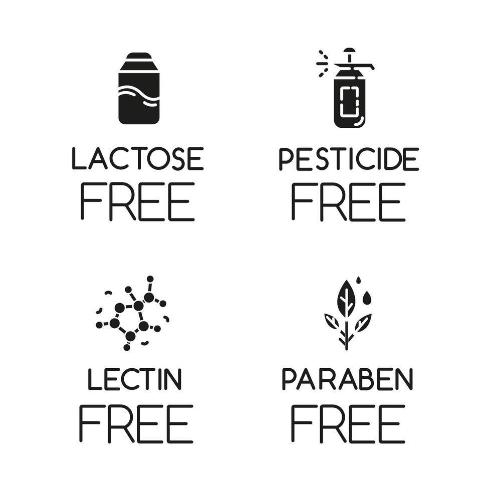 Glyphensymbole für produktfreie Zutaten gesetzt. keine Laktose, Pestizide, Lektine, Parabene. nicht chemische Arzneimittel. Ernährung ohne Allergene. Silhouettensymbole. vektor isolierte illustration