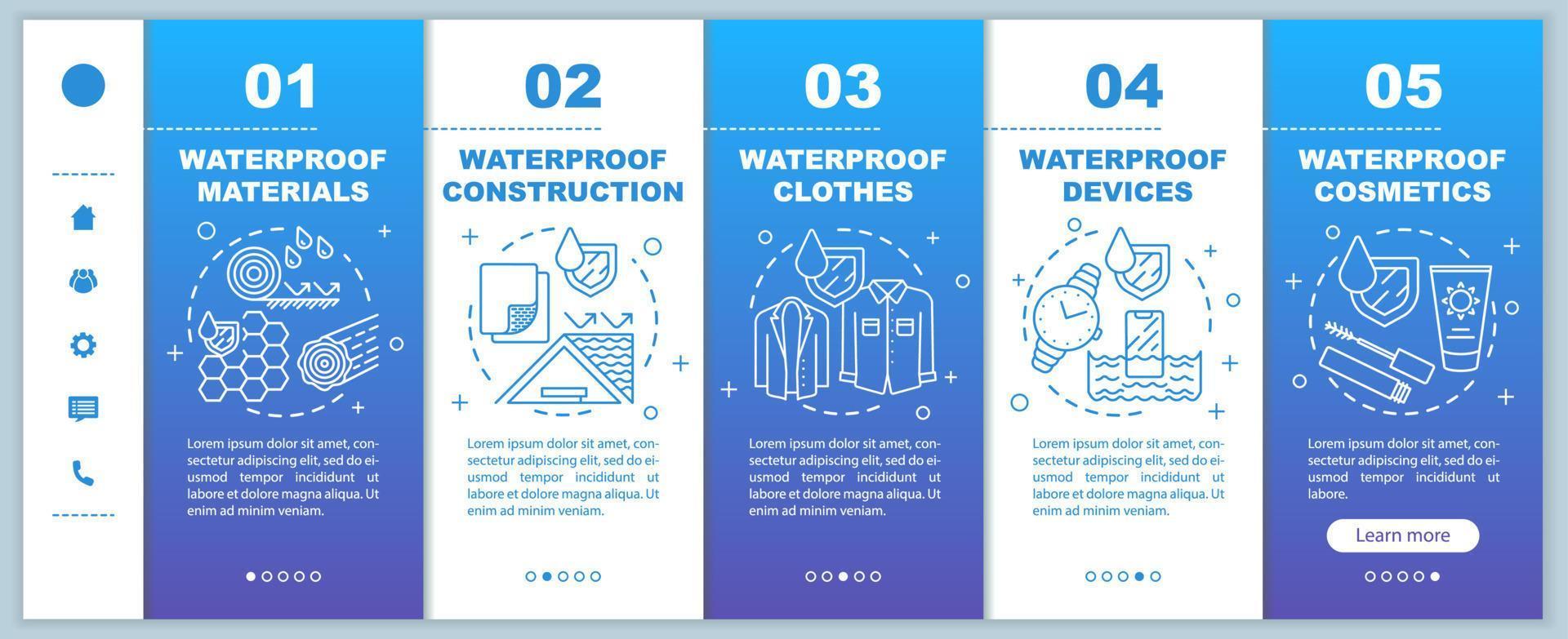 wasserdichte, undurchlässige materialien beim einsteigen in mobile webseiten, vektorvorlage. reaktionsschnelle smartphone-website-schnittstellenidee mit linearen illustrationen. Webseiten-Walkthrough-Schrittbildschirme. Farbkonzept.. vektor