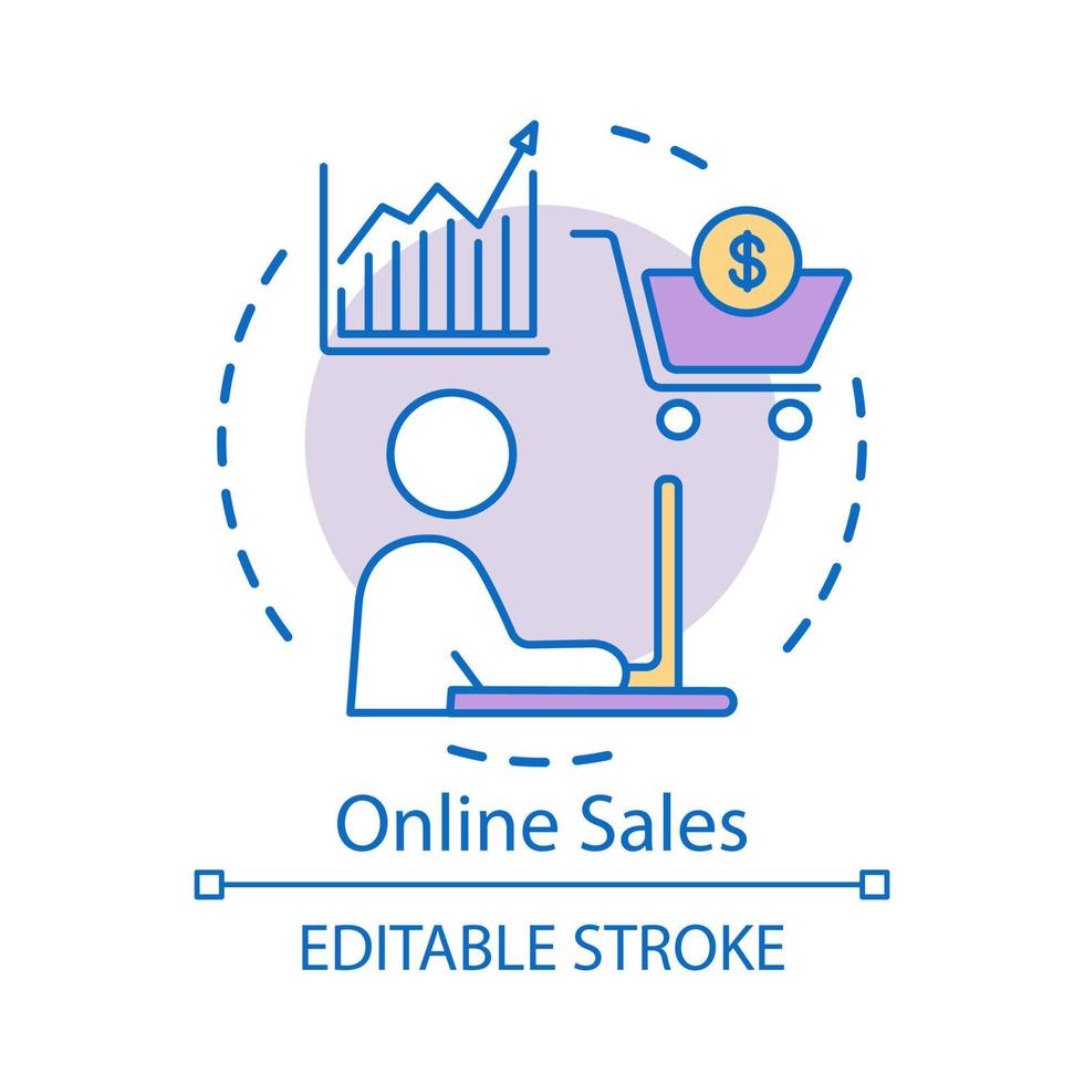 online försäljning koncept ikon. digital marknadsföring idé tunn linje illustration. handel, varor, detaljhandel. e-handel, butiksservice. säljare, marknadsförare. vektor isolerade konturritning. redigerbar linje