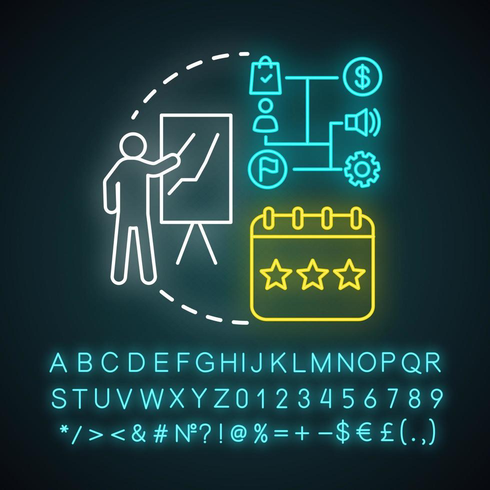 Symbol für Neonlicht auf Senior-Niveau. Berufsebene. Topmanager. maßgebliche Stellung. Berufserfahrung. hochrangiger Arbeiter. leuchtendes zeichen mit alphabet, zahlen und symbolen. vektor isolierte illustration