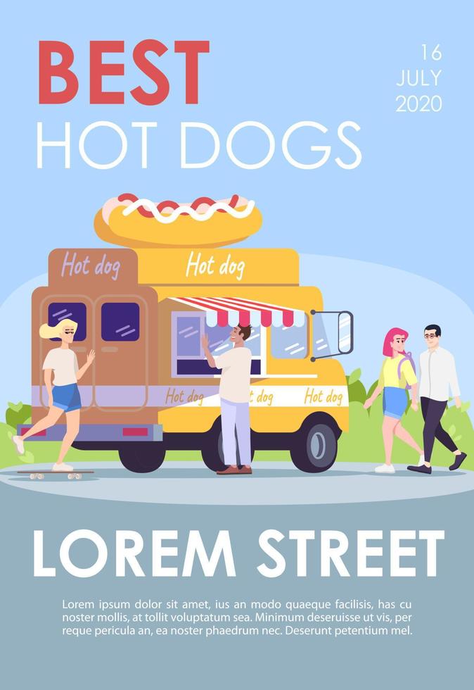 Vorlage für die besten Hotdogs-Broschüren. Streetfood-Segelfahrzeug. flyer, broschüre, broschürenkonzept mit flachen illustrationen. Vektorseitenlayout für Magazin. werbeeinladung mit textraum vektor