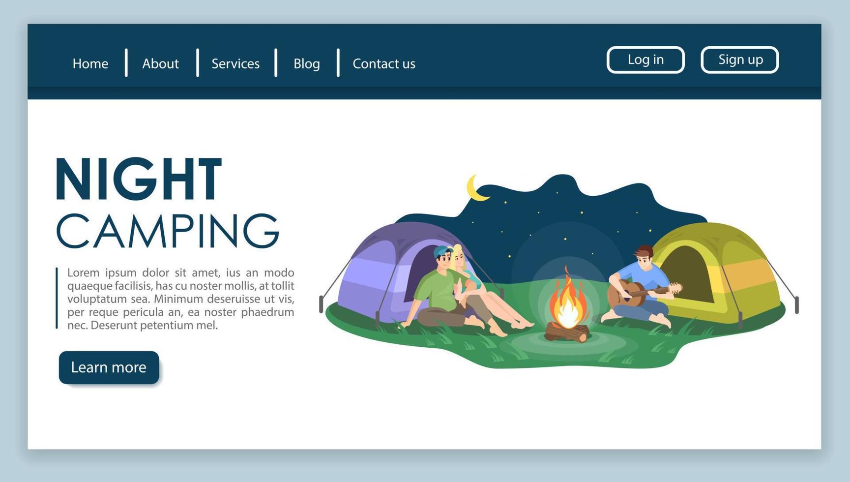 Nachtcamping-Landing-Page-Vektorvorlage. sommererholungs-website-schnittstellenidee mit flachen illustrationen. Layout der Homepage des Tourismusbüros. Rucksackreise-Webbanner, Webseiten-Cartoon-Konzept vektor