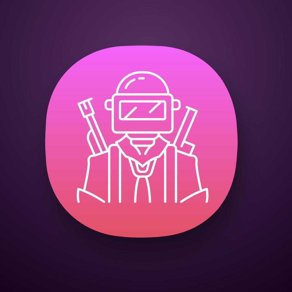 spel soldat app ikon. spelare med vapen i säkerhetsutrustning. virtuella spelinventering. spelare i skyddshjälm med vapen. ui ux användargränssnitt. webb- eller mobilapplikation. vektor isolerade illustration