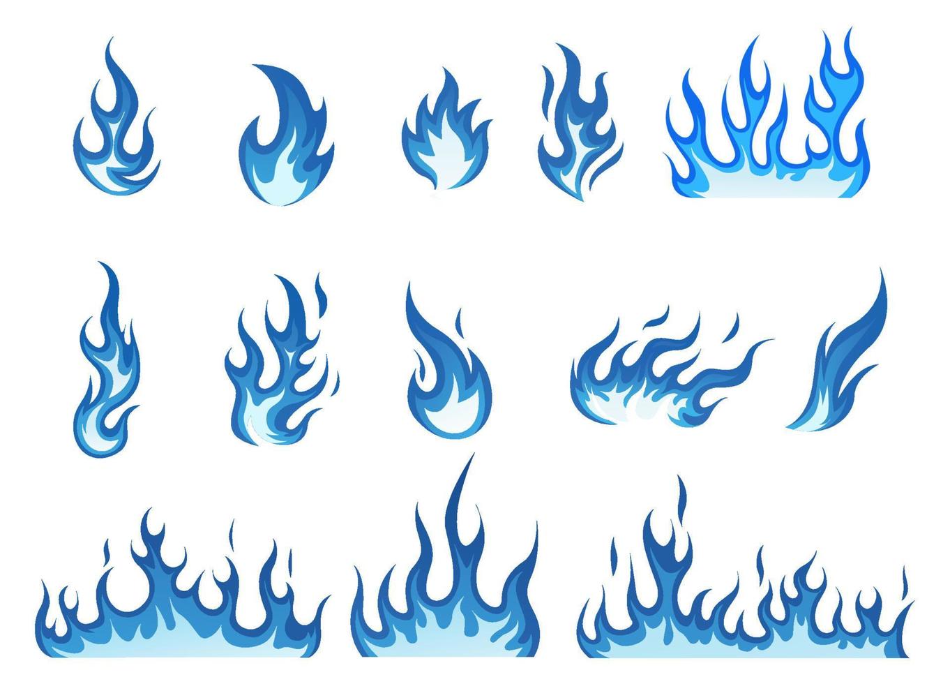Satz blaue Flammenvektorillustrationselement, Hintergrund, Rahmen, Effekte, Plan. Vektor eps 10. Karikatur von Flammen.