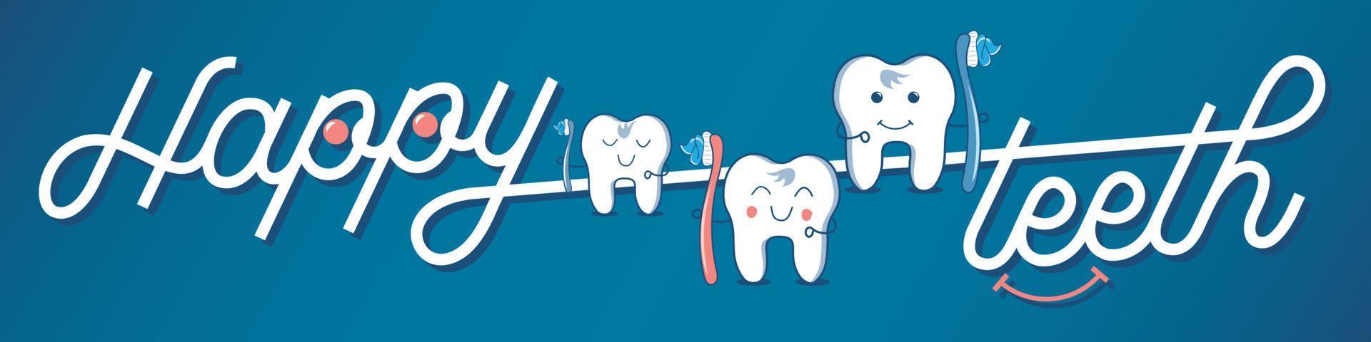 glada tänder maskot, tecknade tänder som håller en tandborste. söt tandborstning tecknad med smiley face. tandvård koncept. illustration isolerad på färgad bakgrund. vektor
