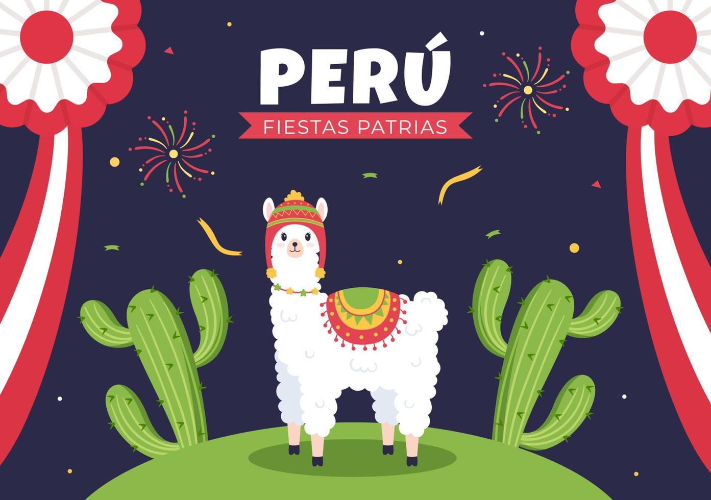 felices fiestas patrias eller peruanska självständighetsdagen söt tecknad illustration med flagga för nationalhelg peru firande den 28 juli i platt stilbakgrund vektor