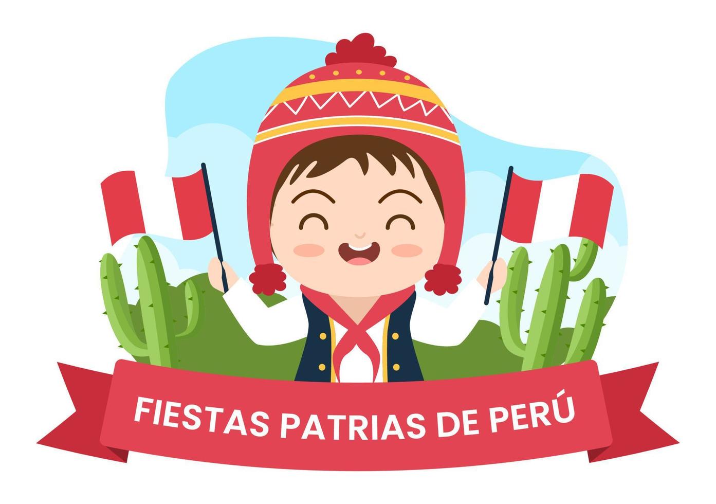 felices fiestas patrias eller peruanska självständighetsdagen tecknad illustration med flagga och söta människor för nationalhelg peru firande den 28 juli i platt stilbakgrund vektor