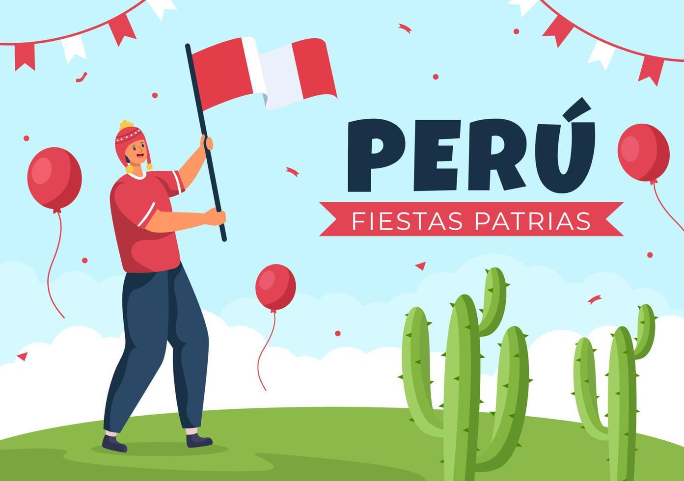 felices fiestas patrias eller peruanska självständighetsdagen tecknad illustration med flagga och söta människor för nationalhelg peru firande den 28 juli i platt stilbakgrund vektor