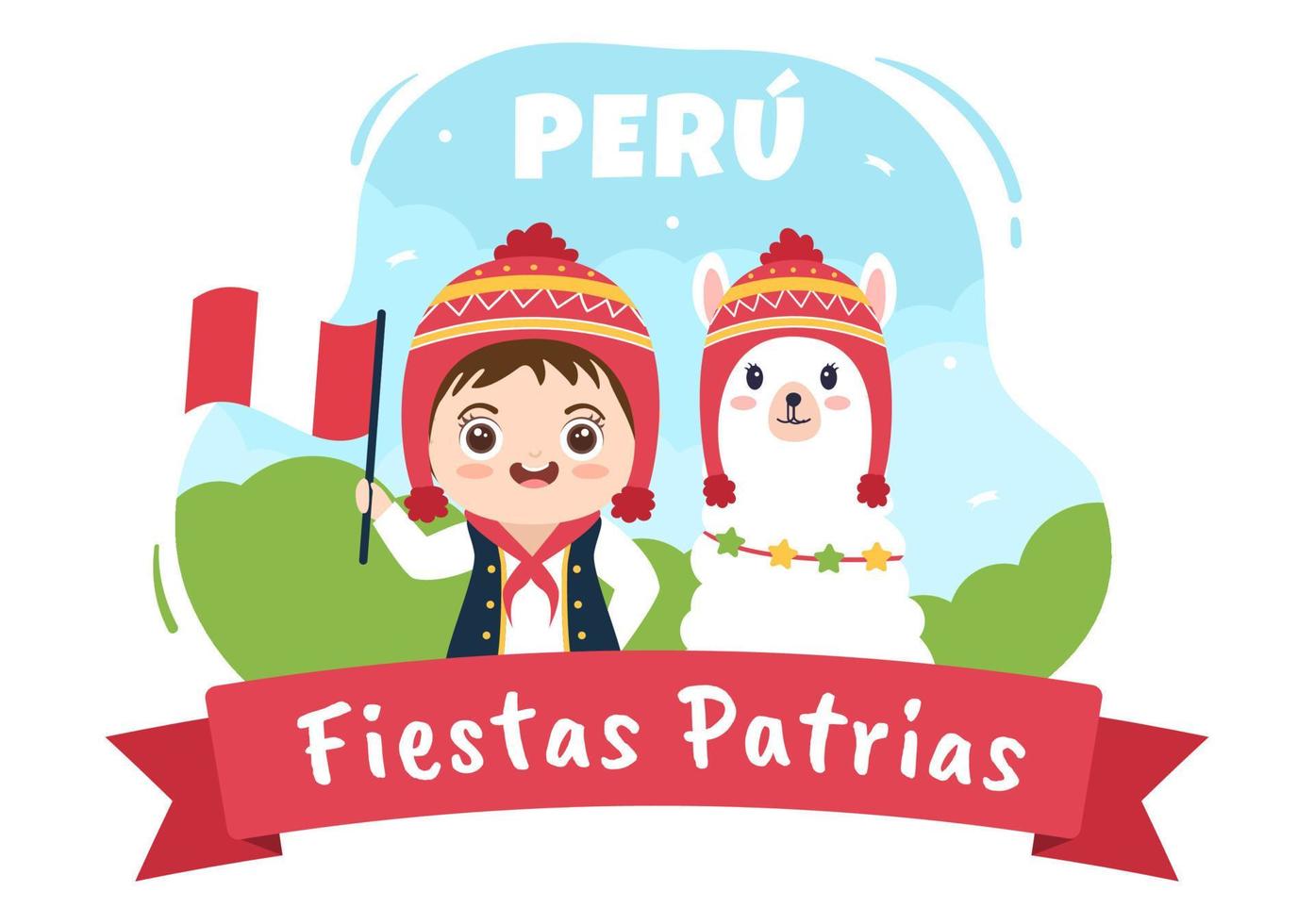 felices fiestas patrias eller peruanska självständighetsdagen tecknad illustration med flagga och söta människor för nationalhelg peru firande den 28 juli i platt stilbakgrund vektor