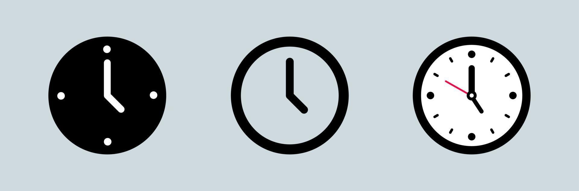 Uhrensymbol in verschiedenen Designstilen. Vektor Zeit und Uhr-Icon-Set.