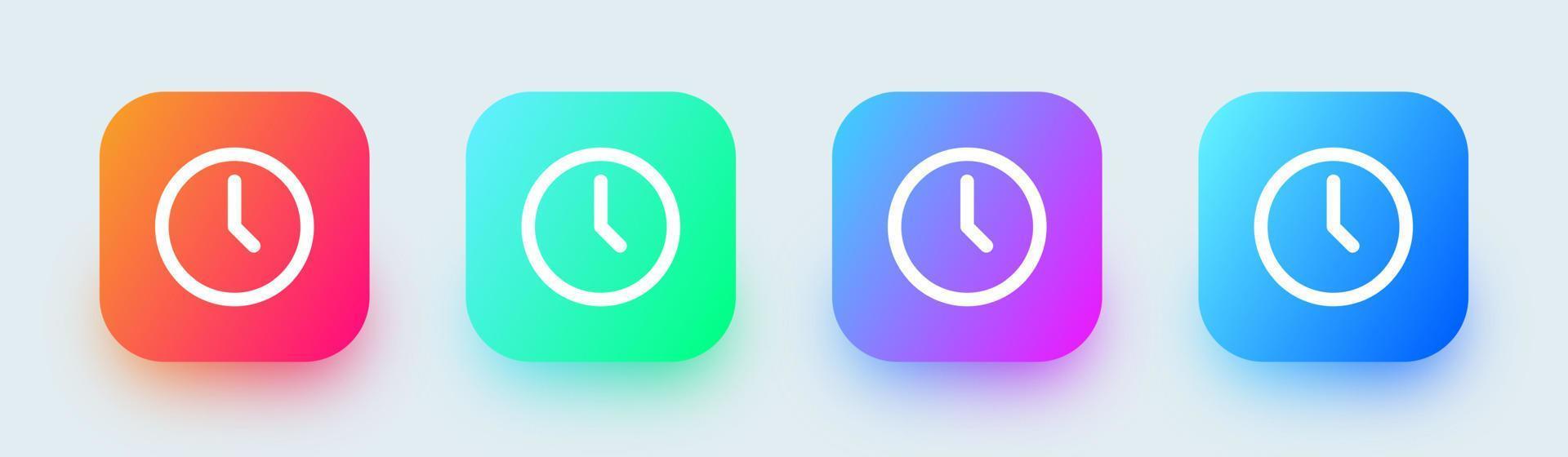 klockikonuppsättning i fyrkantiga övertoningsfärger. vektor tid och klocka ikonuppsättning.