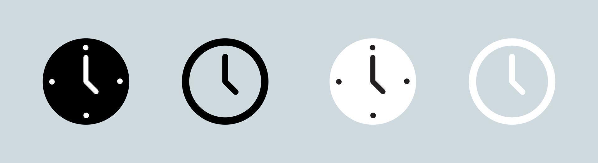 Uhrensymbol in Schwarz-Weiß-Farben. Satz von Symbolen für analoge Uhren. vektor