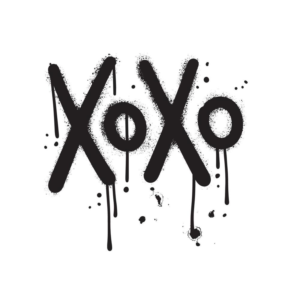 urbanes graffiti-xoxo-zeichen in schwarz über weiß gesprüht. Kuss-Metapher. vektor handgezeichnete illustration mit spritzern und tropfen