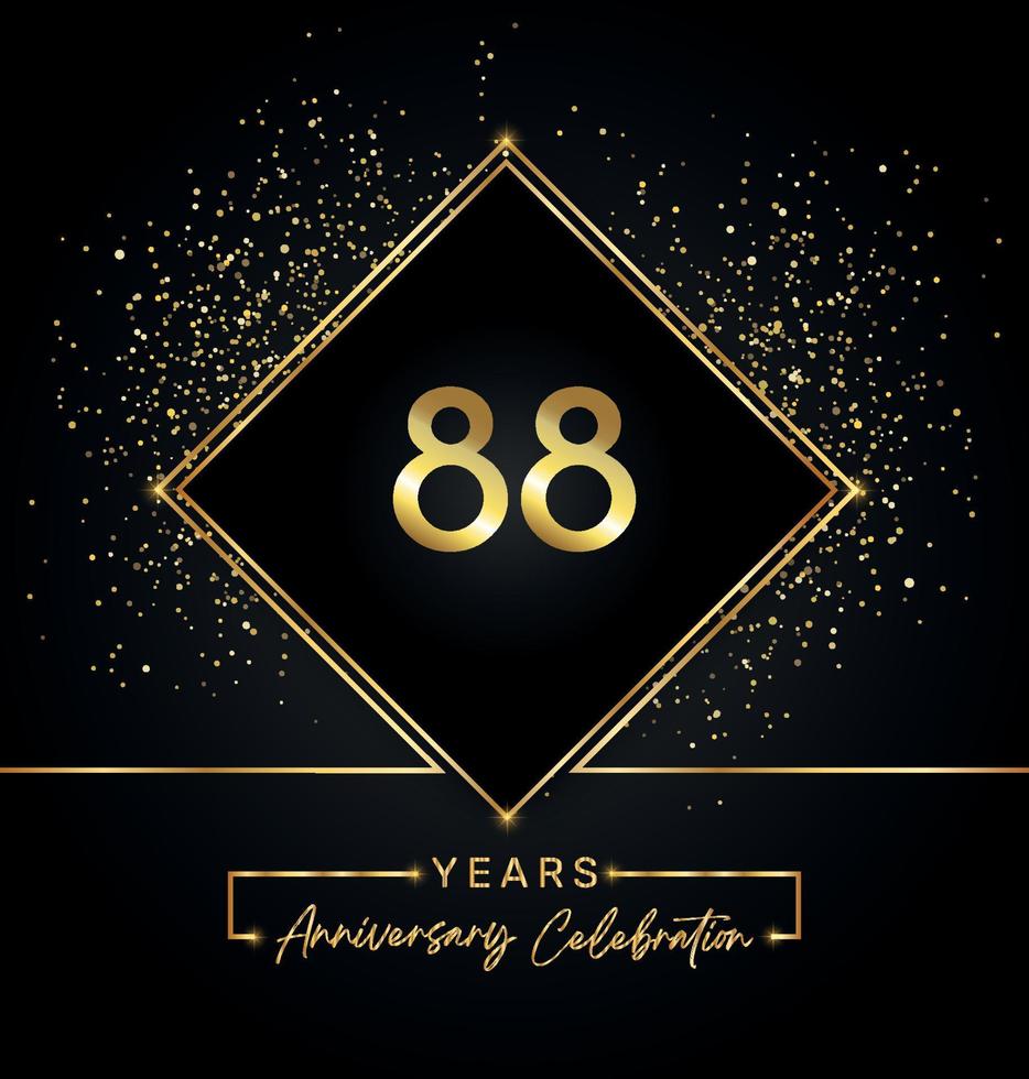 88 Jahre Jubiläumsfeier mit goldenem Rahmen und Goldglitter auf schwarzem Hintergrund. vektordesign für grußkarte, geburtstagsfeier, hochzeit, eventparty, einladung. 88 Jahre Jubiläumslogo. vektor