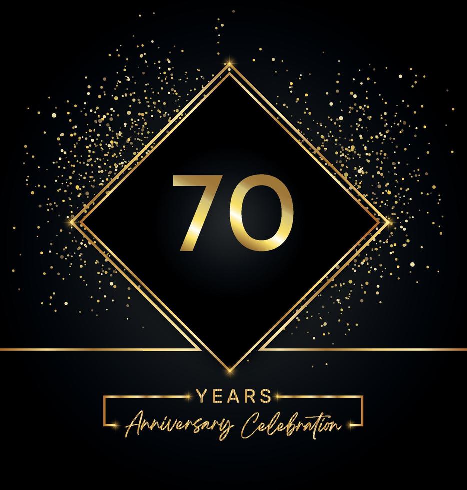 70 Jahre Jubiläumsfeier mit goldenem Rahmen und Goldglitter auf schwarzem Hintergrund. vektordesign für grußkarte, geburtstagsfeier, hochzeit, eventparty, einladung. Logo zum 70-jährigen Jubiläum. vektor