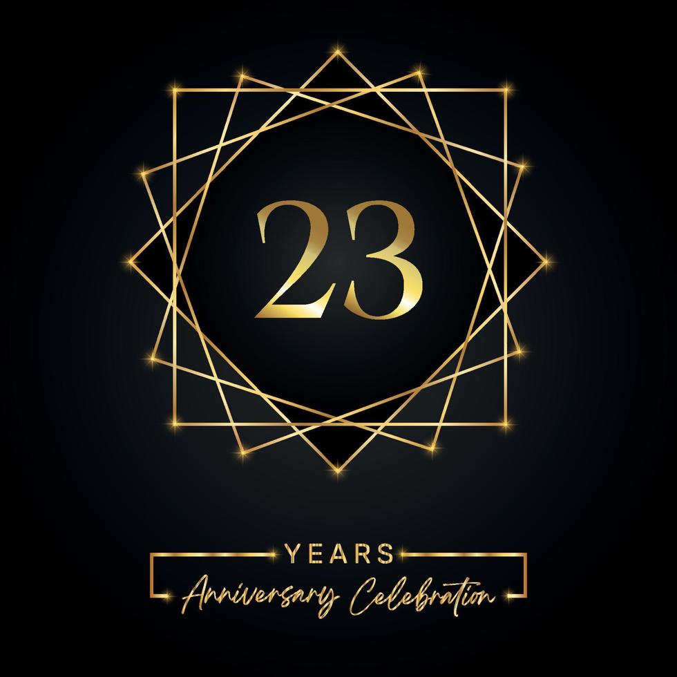 Design för 23-årsjubileum. 23 års jubileumslogotyp med gyllene ram isolerad på svart bakgrund. vektordesign för jubileumsfest, födelsedagsfest, gratulationskort. vektor