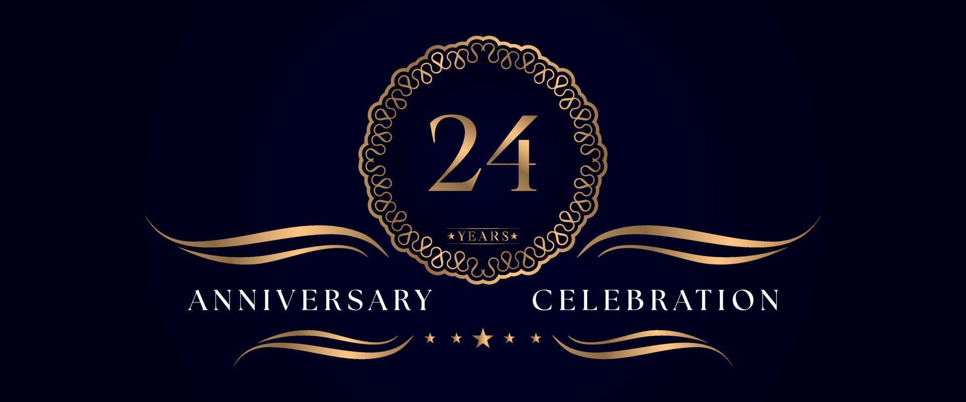 24 Jahre Jubiläumsfeier mit elegantem Kreisrahmen isoliert auf dunkelblauem Hintergrund. vektordesign für grußkarte, geburtstagsfeier, hochzeit, eventparty, zeremonie. Logo zum 24-jährigen Jubiläum. vektor