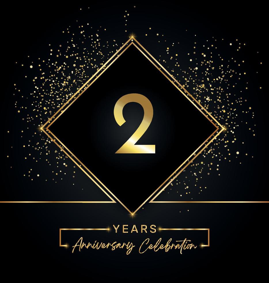 2 Jahre Jubiläumsfeier mit goldenem Rahmen und Goldglitter auf schwarzem Hintergrund. vektordesign für grußkarte, geburtstagsfeier, hochzeit, eventparty, einladung. 2 Jahre Jubiläumslogo. vektor