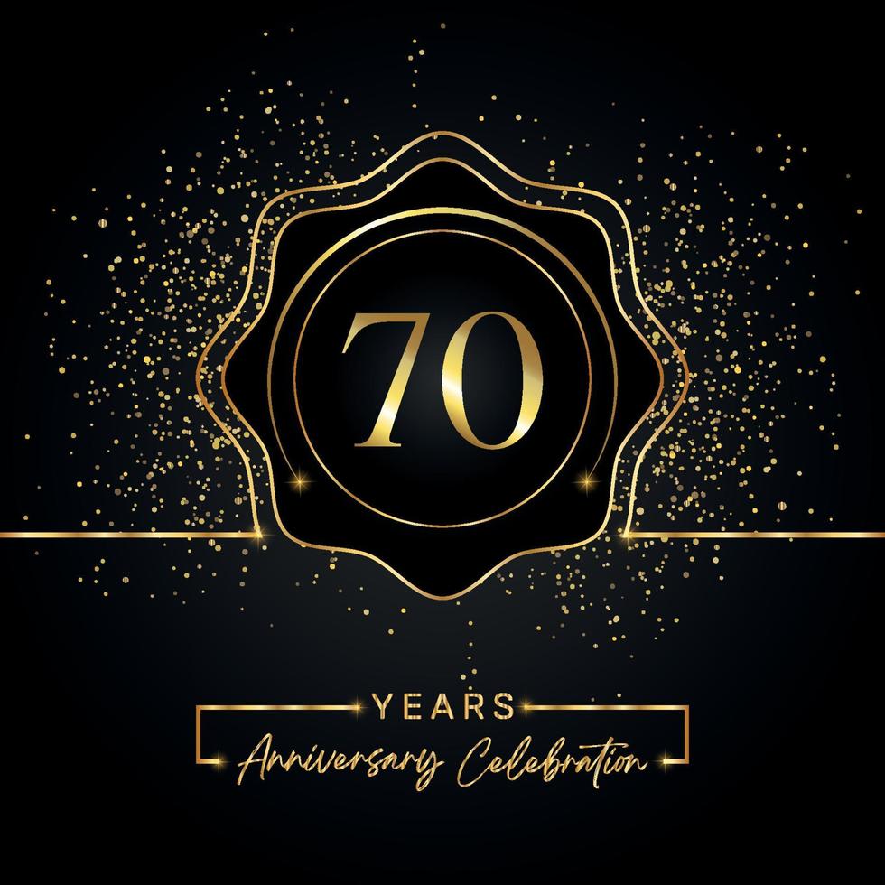 70 Jahre Jubiläumsfeier mit goldenem Sternrahmen isoliert auf schwarzem Hintergrund. vektordesign für grußkarte, geburtstagsfeier, hochzeit, eventparty, einladungskarte. Logo zum 70-jährigen Jubiläum. vektor