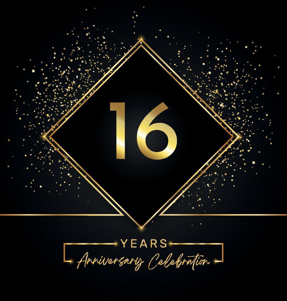 16 Jahre Jubiläumsfeier mit goldenem Rahmen und Goldglitter auf schwarzem Hintergrund. vektordesign für grußkarte, geburtstagsfeier, hochzeit, eventparty, einladung. 16 Jahre Jubiläumslogo. vektor