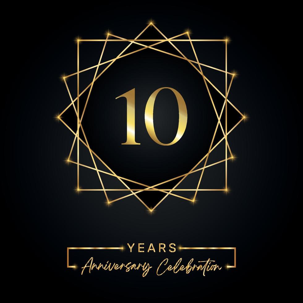 Design för 10 års jubileumsfirande. 10 årsdagen logotyp med gyllene ram isolerad på svart bakgrund. vektordesign för jubileumsfest, födelsedagsfest, gratulationskort. vektor
