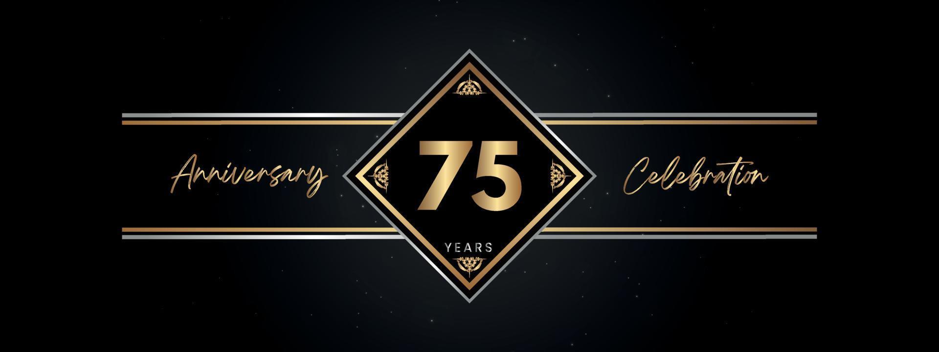 75 Jahre Jubiläum goldene Farbe mit Zierrahmen isoliert auf schwarzem Hintergrund für Jubiläumsfeier, Geburtstagsfeier, Broschüre, Grußkarte. Vorlagendesign zum 75-jährigen Jubiläum vektor