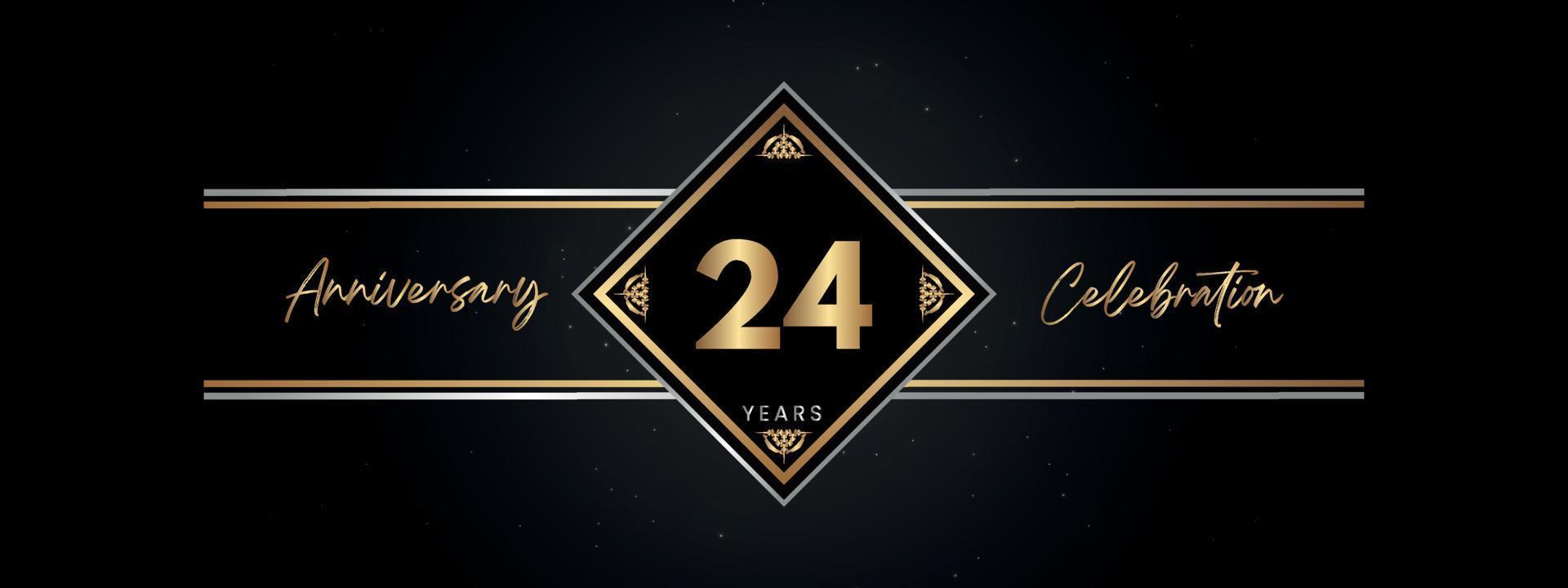 24 Jahre Jubiläum goldene Farbe mit Zierrahmen isoliert auf schwarzem Hintergrund für Jubiläumsfeier, Geburtstagsfeier, Broschüre, Grußkarte. Vorlagendesign zum 24-jährigen Jubiläum vektor