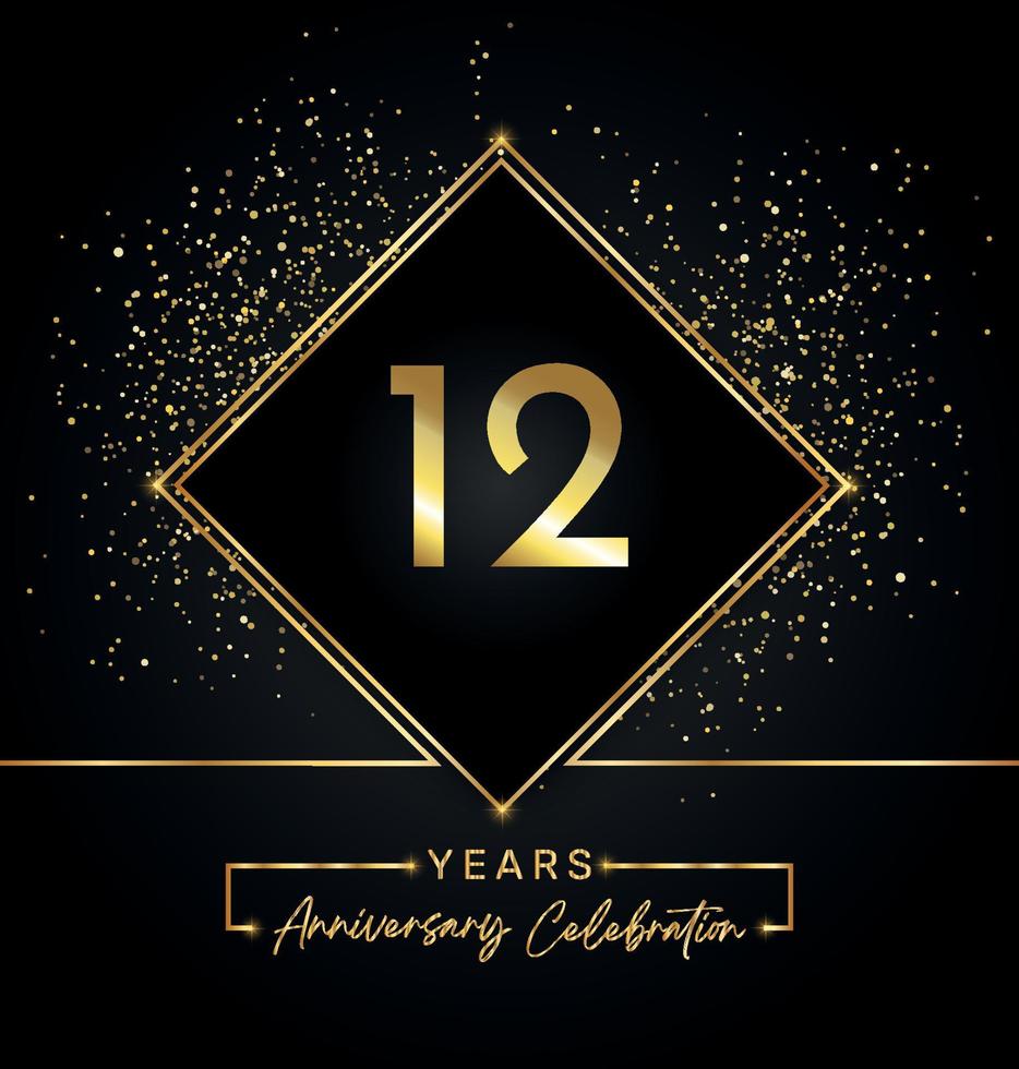 12 Jahre Jubiläumsfeier mit goldenem Rahmen und Goldglitter auf schwarzem Hintergrund. vektordesign für grußkarte, geburtstagsfeier, hochzeit, eventparty, einladung. 12 Jahre Jubiläumslogo. vektor