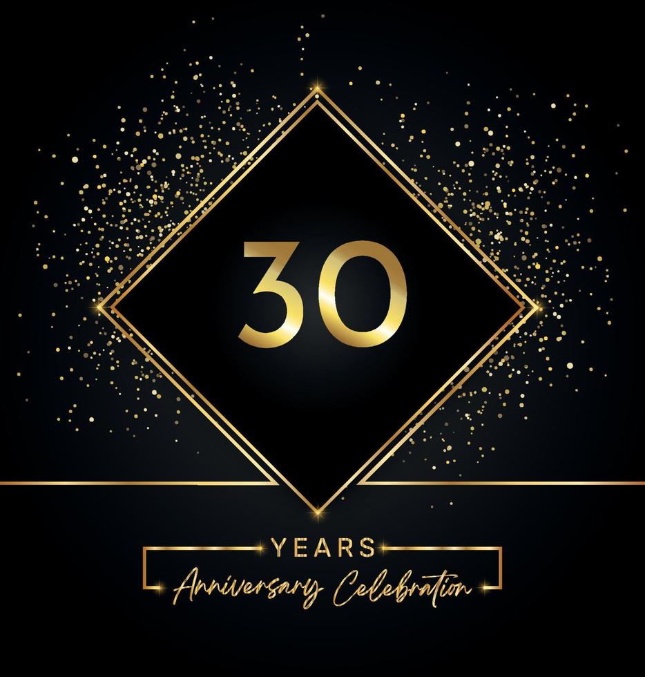 30 års jubileumsfirande med gyllene ram och guldglitter på svart bakgrund. vektordesign för gratulationskort, födelsedagsfest, bröllop, evenemangsfest, inbjudan. 30 års jubileumslogga. vektor