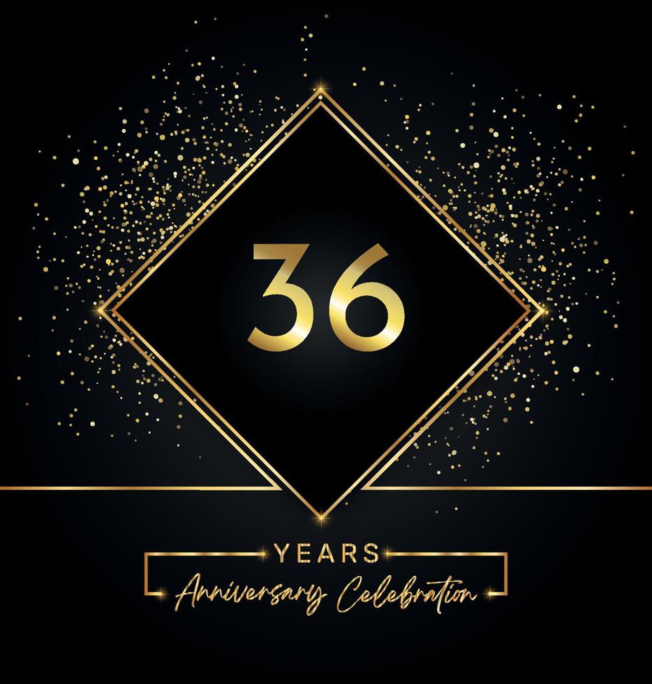 36 års jubileumsfirande med gyllene ram och guldglitter på svart bakgrund. vektordesign för gratulationskort, födelsedagsfest, bröllop, evenemangsfest, inbjudan. 36 års jubileumslogga. vektor
