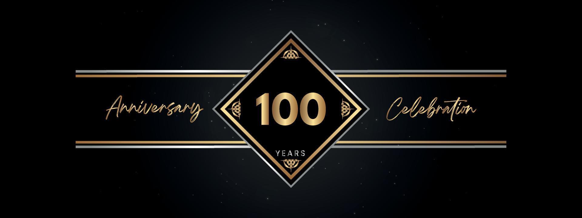 100 Jahre Jubiläum goldene Farbe mit Zierrahmen isoliert auf schwarzem Hintergrund für Jubiläumsfeier, Geburtstagsfeier, Broschüre, Grußkarte. Vorlagendesign zum 100-jährigen Jubiläum vektor