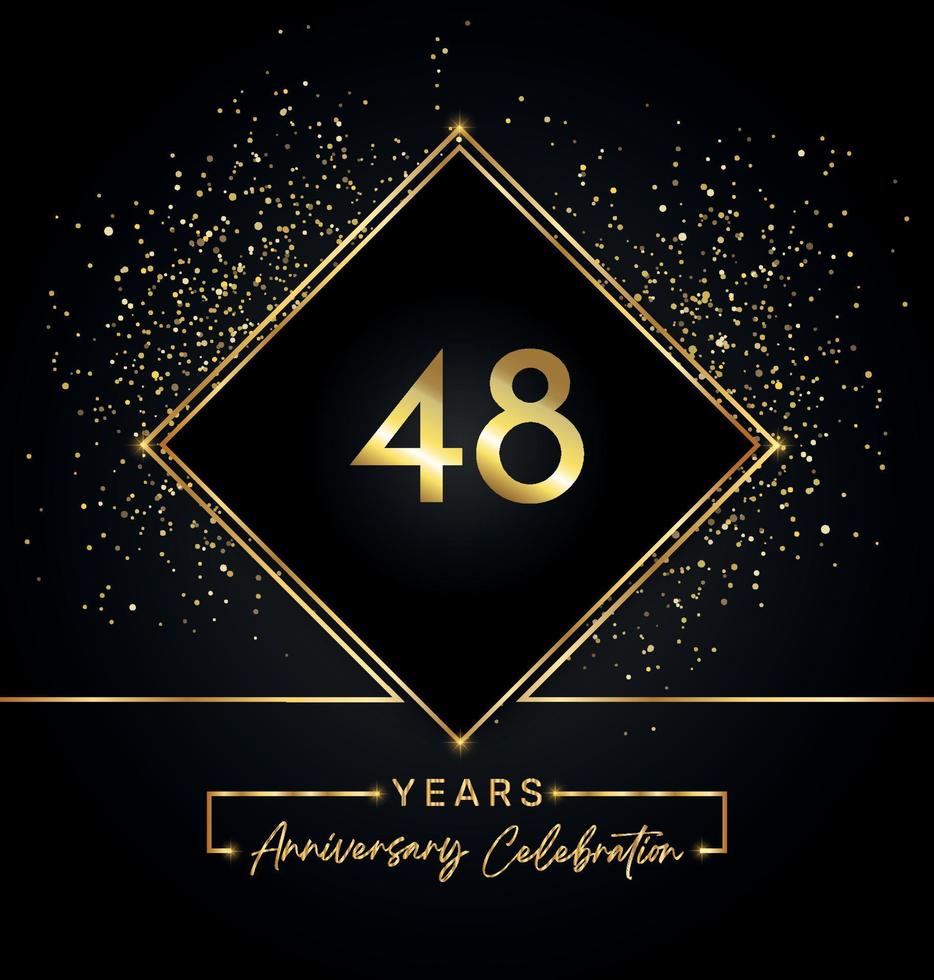 48 Jahre Jubiläumsfeier mit goldenem Rahmen und Goldglitter auf schwarzem Hintergrund. vektordesign für grußkarte, geburtstagsfeier, hochzeit, eventparty, einladung. 48 Jahre Jubiläumslogo. vektor