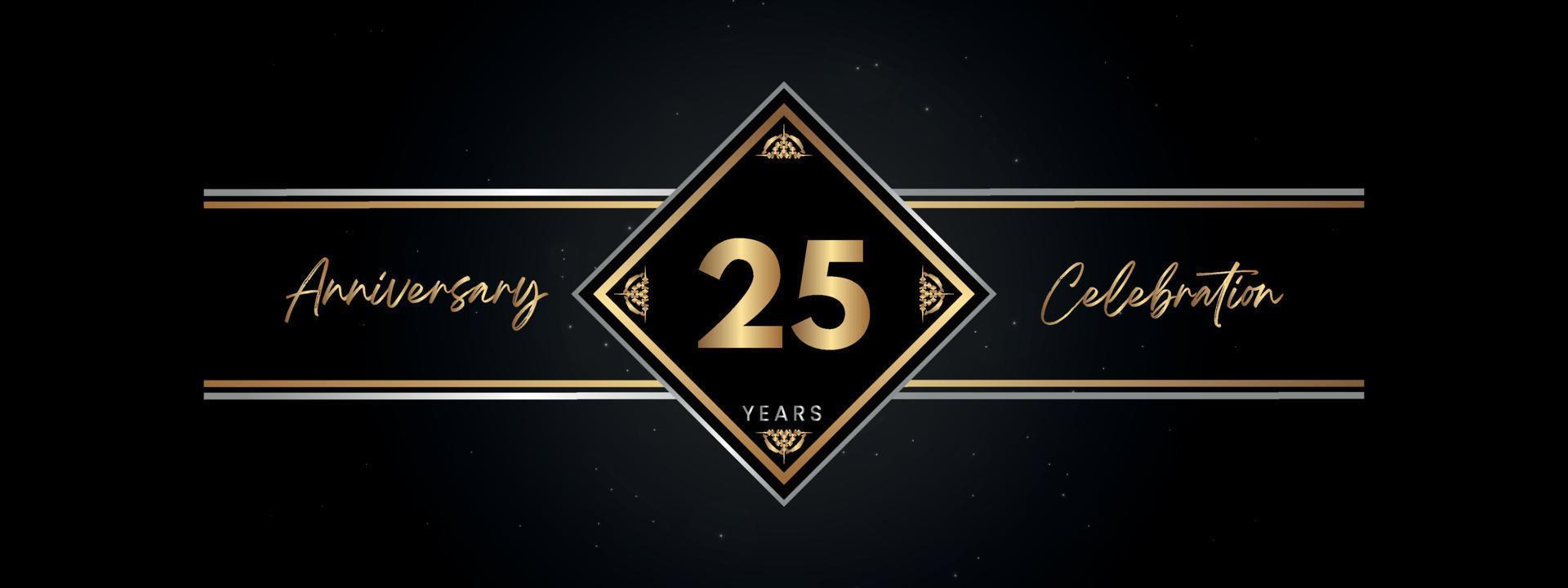25 Jahre Jubiläum goldene Farbe mit Zierrahmen isoliert auf schwarzem Hintergrund für Jubiläumsfeier, Geburtstagsfeier, Broschüre, Grußkarte. Vorlagendesign zum 25-jährigen Jubiläum vektor